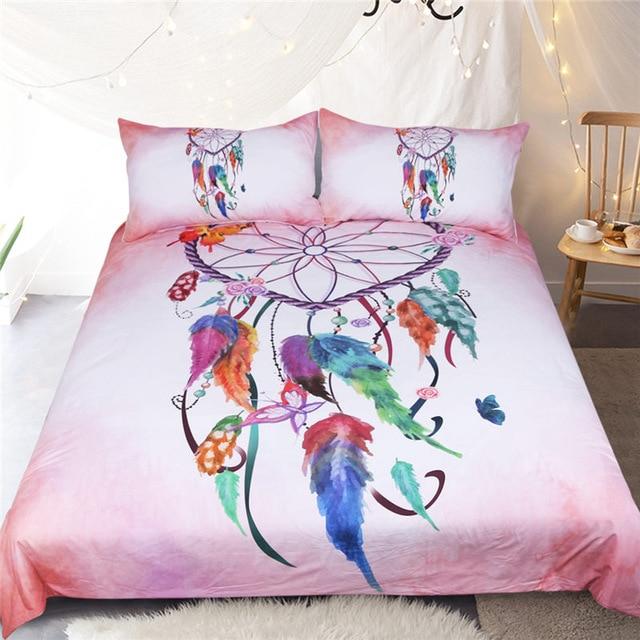 Pink and Sky Blue Feather Dreamcatcher Native American Bedding Set LT10