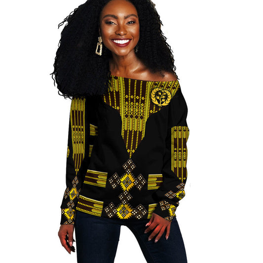 Eritrea Women Off Shoulder Sweater Fancy Tibeb Vibes - Black LT8
