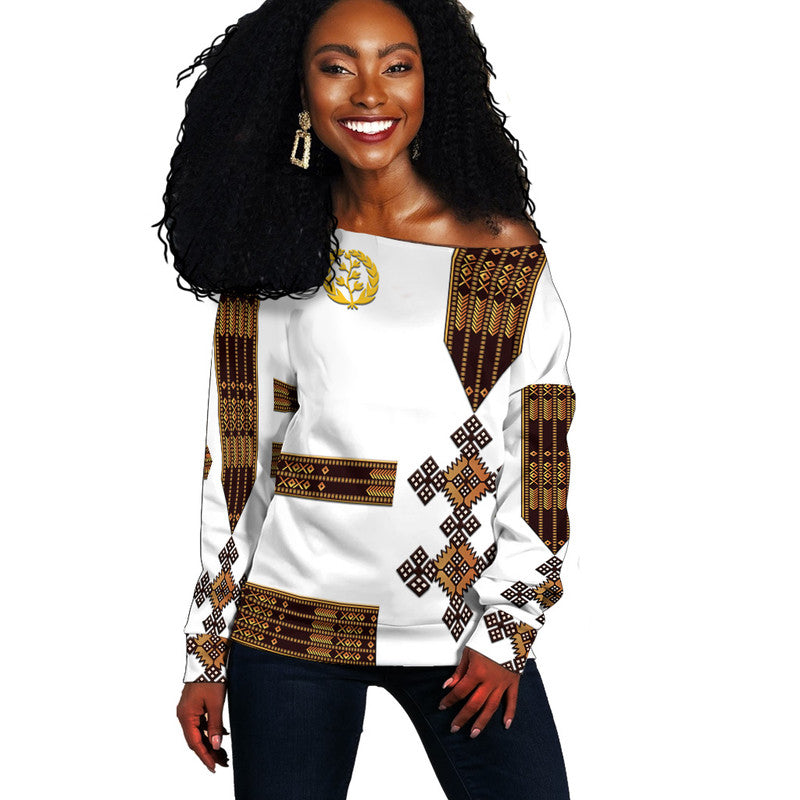 Eritrea Women Off Shoulder Sweater Fancy Simple Tibeb Style - White LT8
