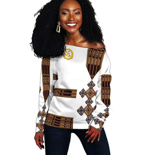 Eritrea Women Off Shoulder Sweater Fancy Simple Tibeb Style - White LT8