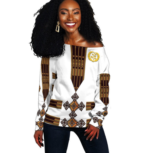 Eritrea Women Off Shoulder Sweater Fancy Tibeb Vibes NO.1 Ver - White LT8