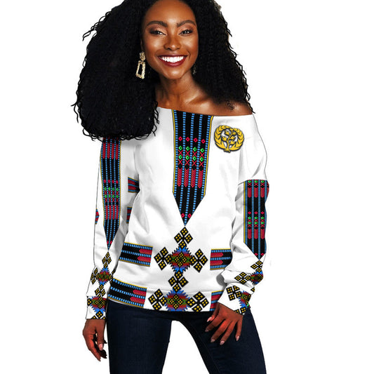 Eritrea Women Off Shoulder Sweater Fancy Tibeb Vibes NO.1 Ver - Flag Style LT8