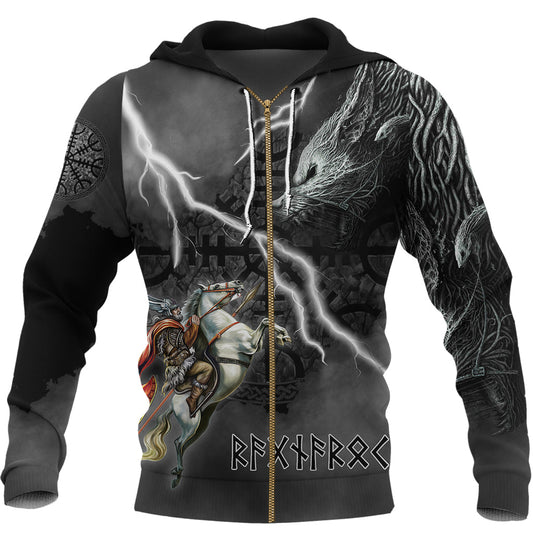 Custom Viking Ragnarok Zip Hoodie Odin fight Fenrir on thunder background RLT12
